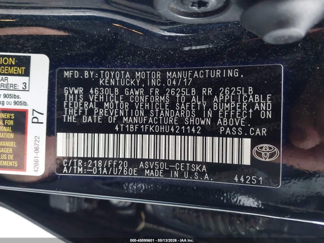 2017 Toyota Camry Se მანქანა იყიდება აუქციონზე, vin: 4T1BF1FK0HU421142, აუქციონის ნომერი: 45095601