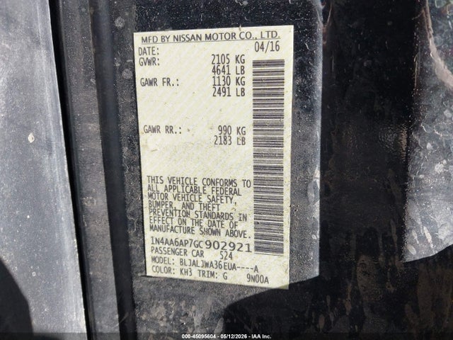45095604 :رقم المزاد ، 1N4AA6AP7GC902921 vin ، 2016 Nissan Maxima 3.5 Sv مزاد بيع