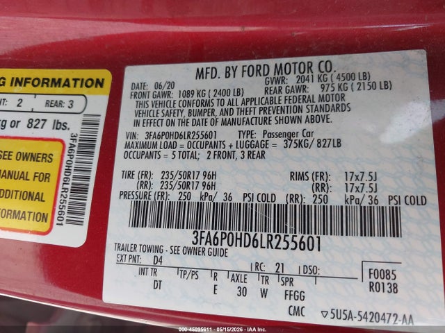 Aukcja sprzedaży 2020 Ford Fusion Se, vin: 3FA6P0HD6LR255601, numer aukcji: 45095611