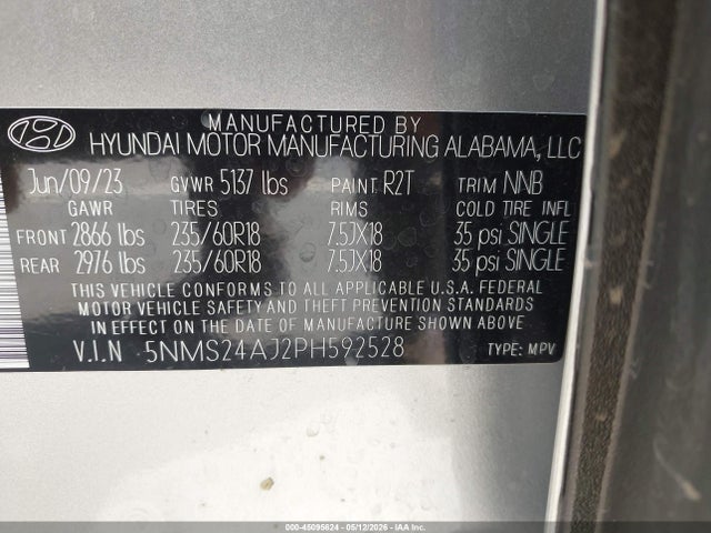 Продажа на аукционе авто 2023 Hyundai Santa Fe Sel, vin: 5NMS24AJ2PH592528, номер лота: 45095624
