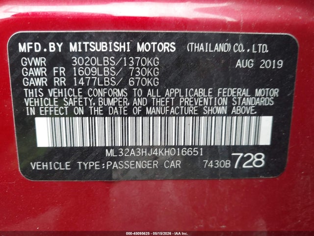 2019 Mitsubishi Mirage Es მანქანა იყიდება აუქციონზე, vin: ML32A3HJ4KH016651, აუქციონის ნომერი: 45095625