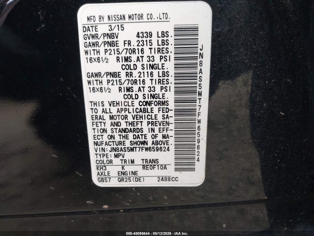 45095644 :رقم المزاد ، JN8AS5MT7FW659624 vin ، 2015 Nissan Rogue Select S مزاد بيع