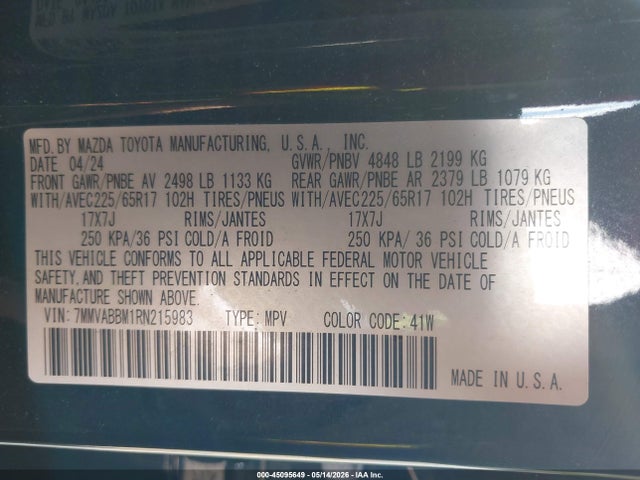 45095649 :رقم المزاد ، 7MMVABBM1RN215983 vin ، 2024 Mazda Cx-50 2.5 S Preferred مزاد بيع