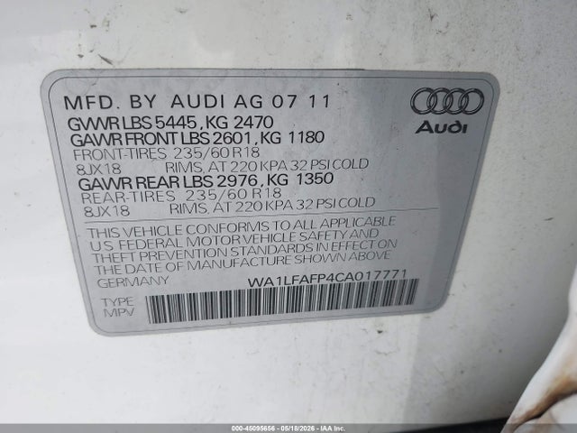 45095656 :رقم المزاد ، WA1LFAFP4CA017771 vin ، 2012 Audi Q5 2.0t Premium مزاد بيع
