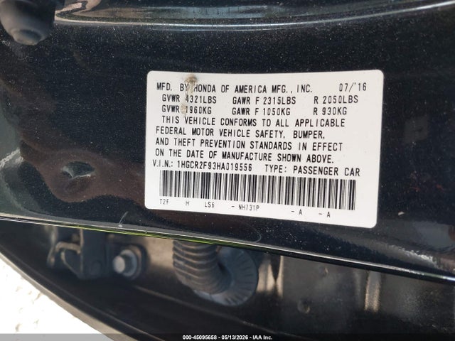 Aukcja sprzedaży 2017 Honda Accord Ex-l, vin: 1HGCR2F93HA019556, numer aukcji: 45095658