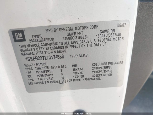 Aukcja sprzedaży 2007 Gmc Acadia Slt-1, vin: 1GKER23727J174533, numer aukcji: 45095666