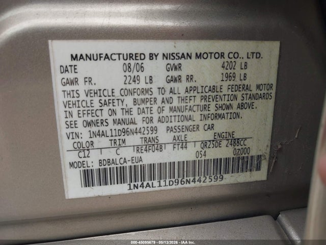 45095679 :رقم المزاد ، 1N4AL11D96N442599 vin ، 2006 Nissan Altima 2.5 S مزاد بيع
