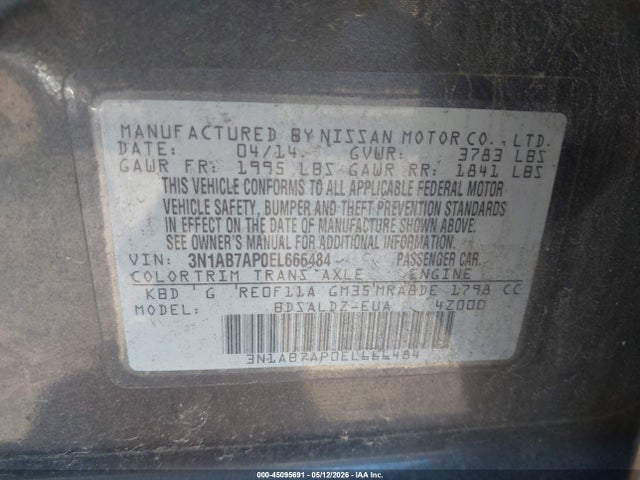 45095691 :رقم المزاد ، 3N1AB7AP0EL666484 vin ، 2014 Nissan Sentra Fe+ S/fe+ Sv/s/sl/sr/sv مزاد بيع
