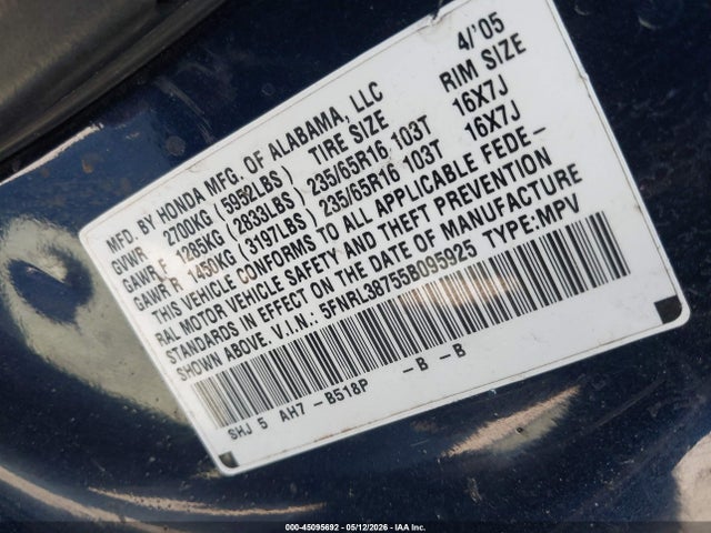 Продажа на аукционе авто 2005 Honda Odyssey Ex-l, vin: 5FNRL38755B095925, номер лота: 45095692
