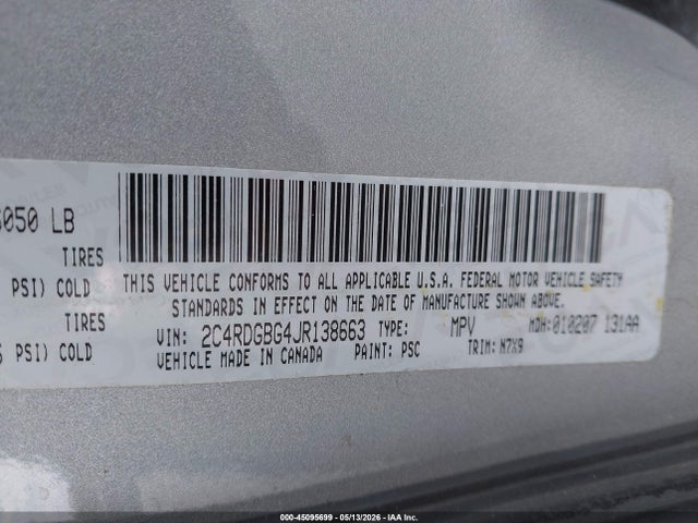 Aukcja sprzedaży 2018 Dodge Grand Caravan Se Plus, vin: 2C4RDGBG4JR138663, numer aukcji: 45095699