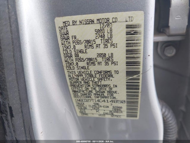 Aukcja sprzedaży 2004 Nissan Frontier Xe-v6, vin: 1N6ED27T14C414850, numer aukcji: 45095705