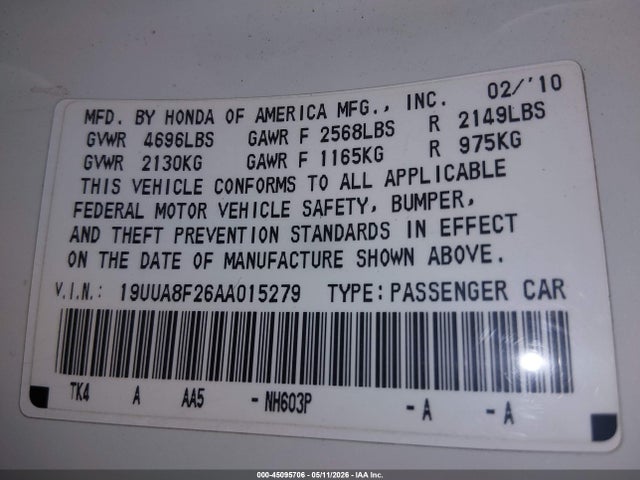 Auction sale of the 2010 Acura Tl 3.5, vin: 19UUA8F26AA015279, lot number: 45095706