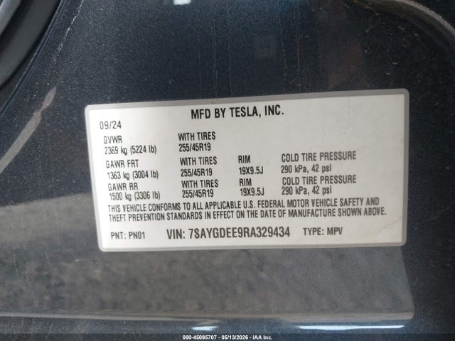 45095707 :رقم المزاد ، 7SAYGDEE9RA329434 vin ، 2024 Tesla Model Y Long Range Dual Motor All-wheel Drive مزاد بيع