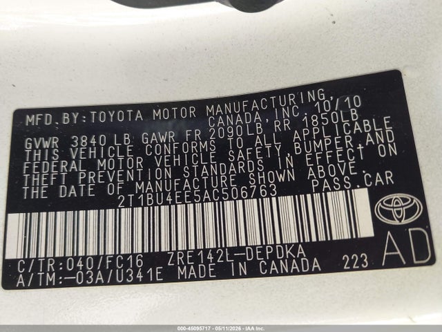 Aukcja sprzedaży 2010 Toyota Corolla Le, vin: 2T1BU4EE5AC506763, numer aukcji: 45095717