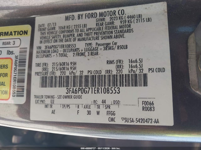 Aukcja sprzedaży 2014 Ford Fusion S, vin: 3FA6P0G71ER108553, numer aukcji: 45095727