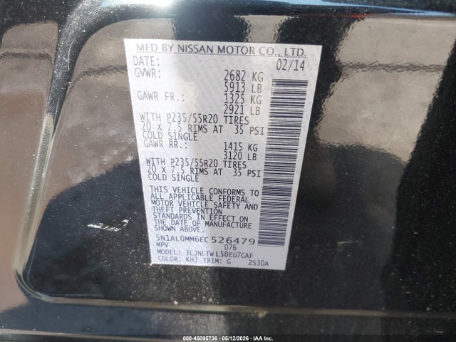 Aukcja sprzedaży 2014 Infiniti Qx60, vin: 5N1AL0MM6EC526479, numer aukcji: 45095736