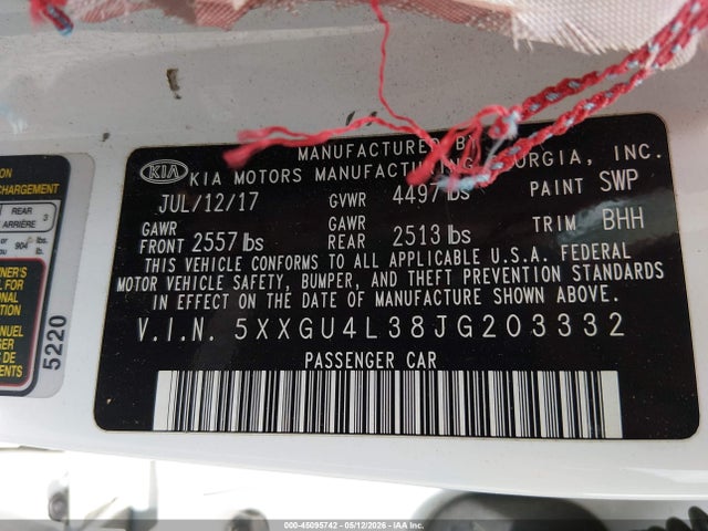 2018 Kia Optima Ex მანქანა იყიდება აუქციონზე, vin: 5XXGU4L38JG203332, აუქციონის ნომერი: 45095742