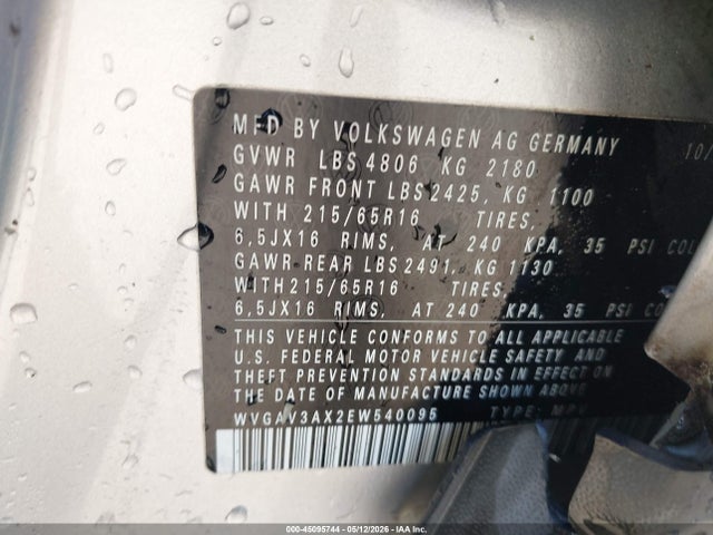Aukcja sprzedaży 2014 Volkswagen Tiguan S, vin: WVGAV3AX2EW540095, numer aukcji: 45095744