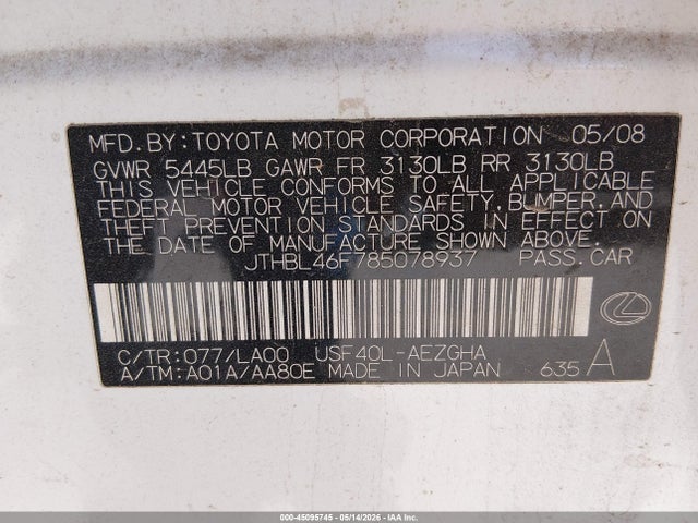 Aukcja sprzedaży 2008 Lexus Ls 460, vin: JTHBL46F785078937, numer aukcji: 45095745