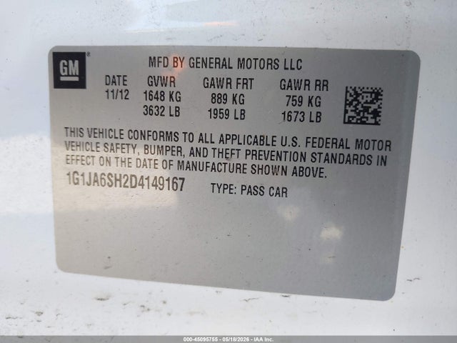 Продаж на аукціоні авто 2013 Chevrolet Sonic Ls Auto, vin: 1G1JA6SH2D4149167, номер лоту: 45095755