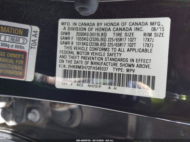 Honda Cr-v Ex-l 2015 2HKRM3H72FH549337 Image 9
