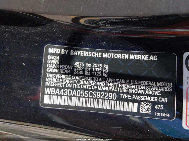 45095759 :رقم المزاد ، WBA43DA05SCS92290 vin ، 2025 Bmw 430i مزاد بيع