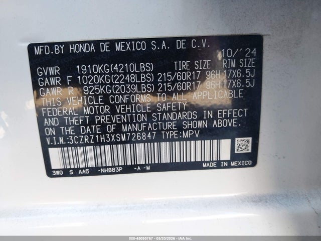 3CZRZ1H3XSM726847 Honda Hr-v 2wd Lx