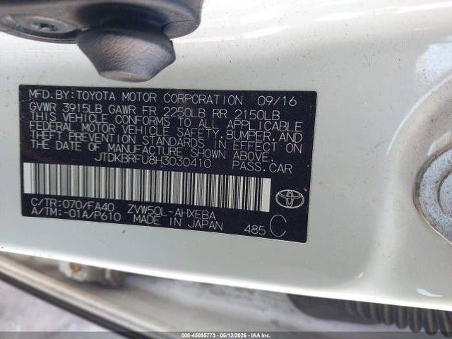 Aukcja sprzedaży 2017 Toyota Prius Two, vin: JTDKBRFU8H3030410, numer aukcji: 45095773
