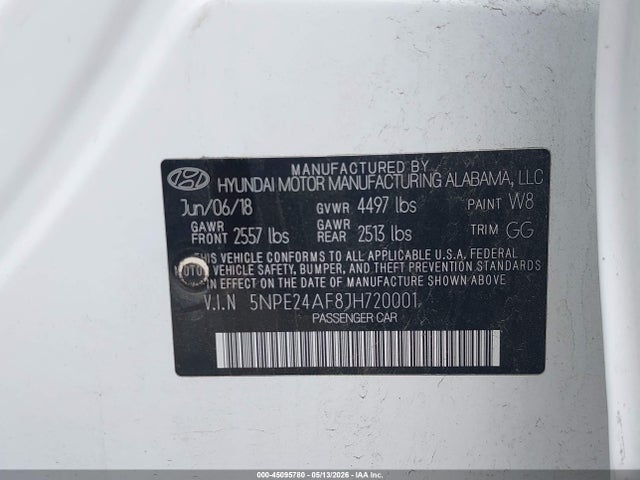 2018 Hyundai Sonata Se მანქანა იყიდება აუქციონზე, vin: 5NPE24AF8JH720001, აუქციონის ნომერი: 45095780