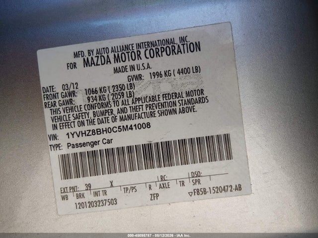 Aukcja sprzedaży 2012 Mazda Mazda6 I Sport, vin: 1YVHZ8BH0C5M41008, numer aukcji: 45095787