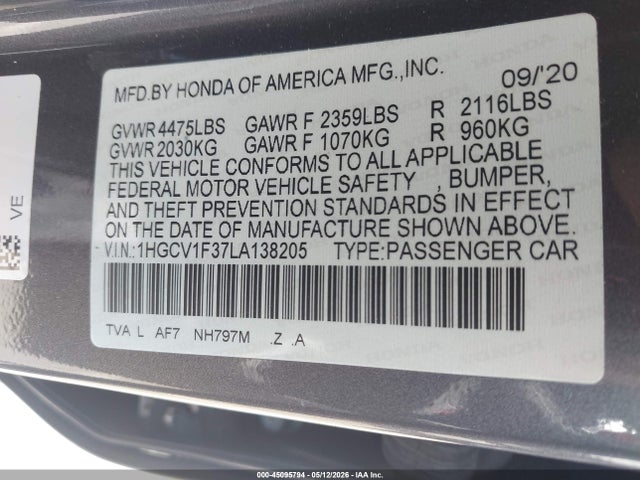 Aukcja sprzedaży 2020 Honda Accord Sport, vin: 1HGCV1F37LA138205, numer aukcji: 45095794