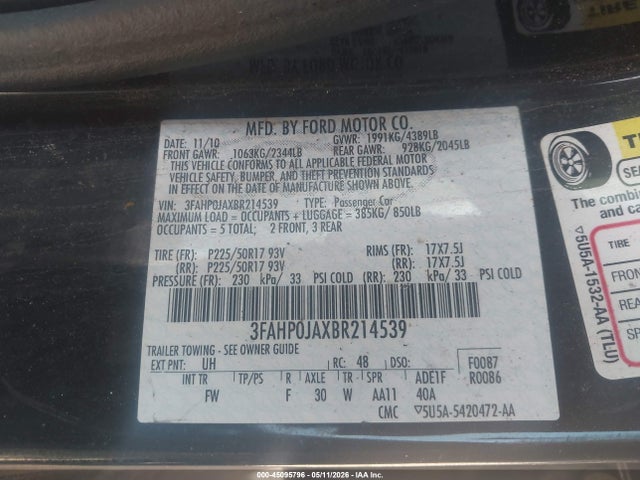 45095796 :رقم المزاد ، 3FAHP0JAXBR214539 vin ، 2011 Ford Fusion Sel مزاد بيع
