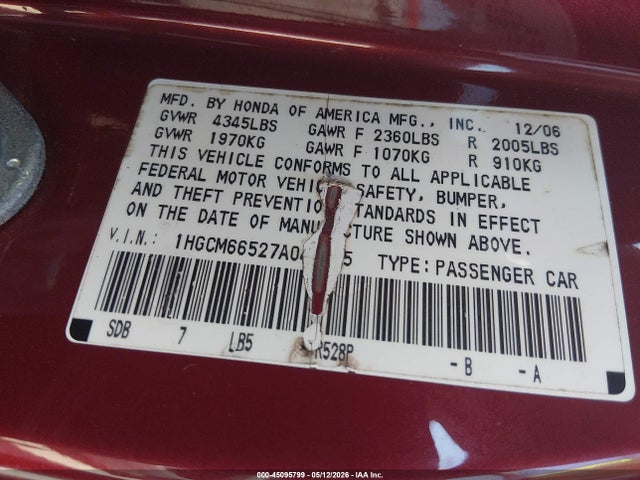Продажа на аукционе авто 2007 Honda Accord 3.0 Ex, vin: 1HGCM66527A048595, номер лота: 45095799