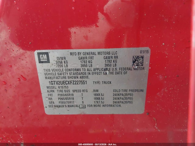 Продаж на аукціоні авто 2015 Gmc Sierra 1500 Sle, vin: 1GTV2UECXFZ227551, номер лоту: 45095800