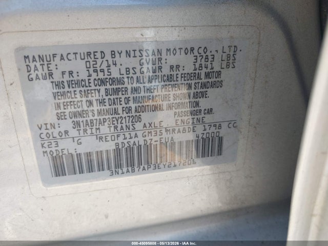 2014 Nissan Sentra Fe+ S/fe+ Sv/s/sl/sr/sv მანქანა იყიდება აუქციონზე, vin: 3N1AB7AP3EY217206, აუქციონის ნომერი: 45095808