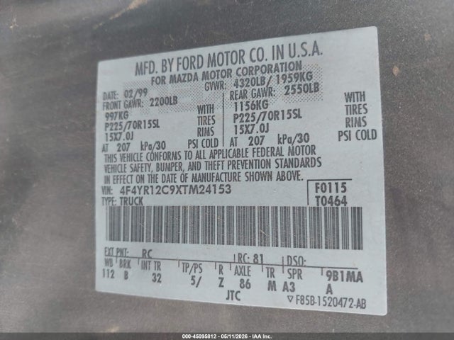 45095812 :رقم المزاد ، 4F4YR12C9XTM24153 vin ، 1999 Mazda B2500 Se/sx/tl مزاد بيع