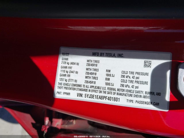 5YJ3E1EA8PF401801 Tesla Model 3 Rear-wheel Drive