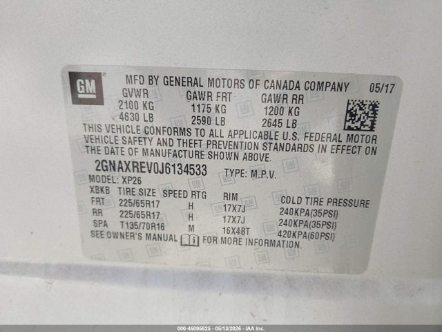 45095825 :رقم المزاد ، 2GNAXREV0J6134533 vin ، 2018 Chevrolet Equinox Ls مزاد بيع