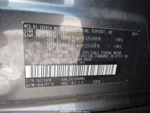 2024 Toyota Rav4 Hybrid Xle Premium მანქანა იყიდება აუქციონზე, vin: 4T3B6RFV9RU167612, აუქციონის ნომერი: 45095827