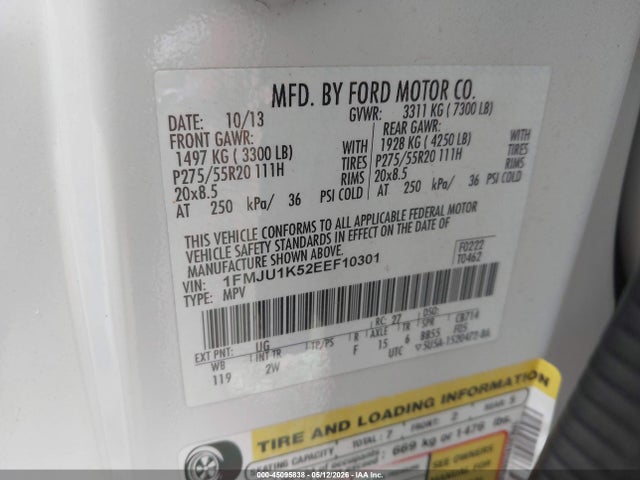2014 Ford Expedition Limited მანქანა იყიდება აუქციონზე, vin: 1FMJU1K52EEF10301, აუქციონის ნომერი: 45095838