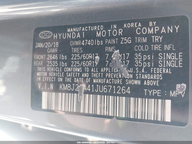 2018 Hyundai Tucson Se მანქანა იყიდება აუქციონზე, vin: KM8J2CA41JU671264, აუქციონის ნომერი: 45095840