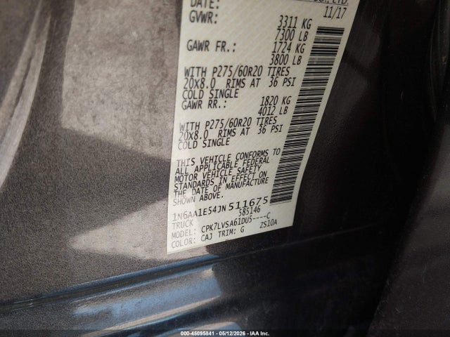 Aukcja sprzedaży 2018 Nissan Titan Sl, vin: 1N6AA1E54JN511675, numer aukcji: 45095841