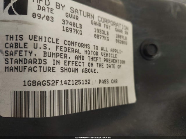 2004 Saturn Ion 1 მანქანა იყიდება აუქციონზე, vin: 1G8AG52F14Z125132, აუქციონის ნომერი: 45095846