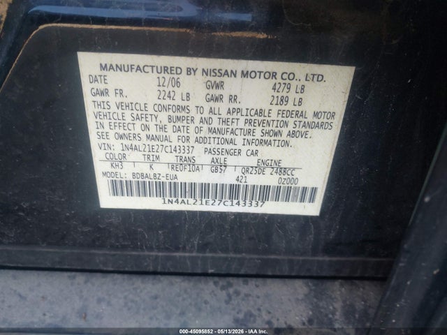 45095852 :رقم المزاد ، 1N4AL21E27C143337 vin ، 2007 Nissan Altima 2.5 S مزاد بيع