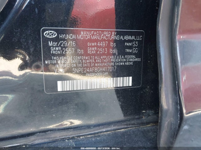 45095858 :رقم المزاد ، 5NPE24AF8GH417017 vin ، 2016 Hyundai Sonata مزاد بيع