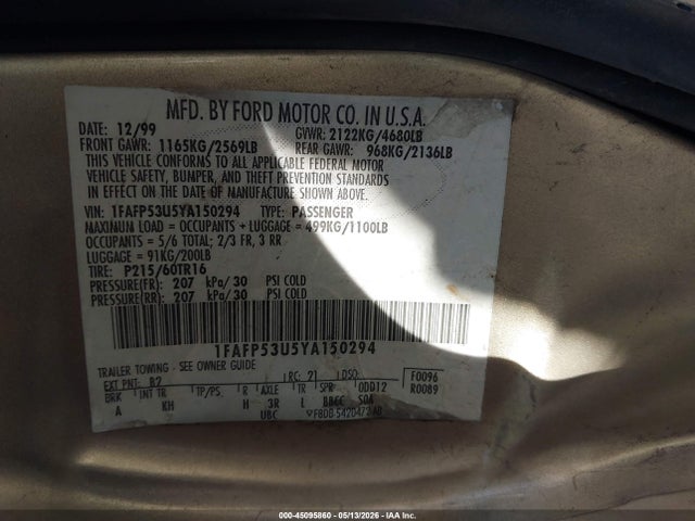 Продажа на аукционе авто 2000 Ford Taurus Se, vin: 1FAFP53U5YA150294, номер лота: 45095860