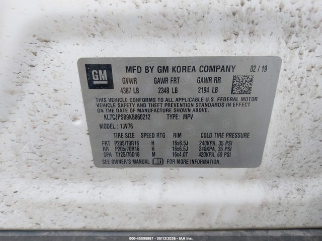 45095867 :رقم المزاد ، KL7CJPSB9KB860212 vin ، 2019 Chevrolet Trax Lt مزاد بيع