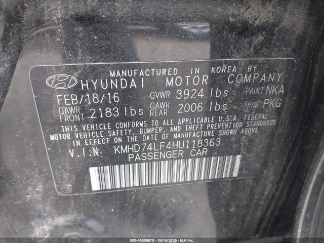 45095870 :رقم المزاد ، KMHD74LF4HU118363 vin ، 2017 Hyundai Elantra Se مزاد بيع