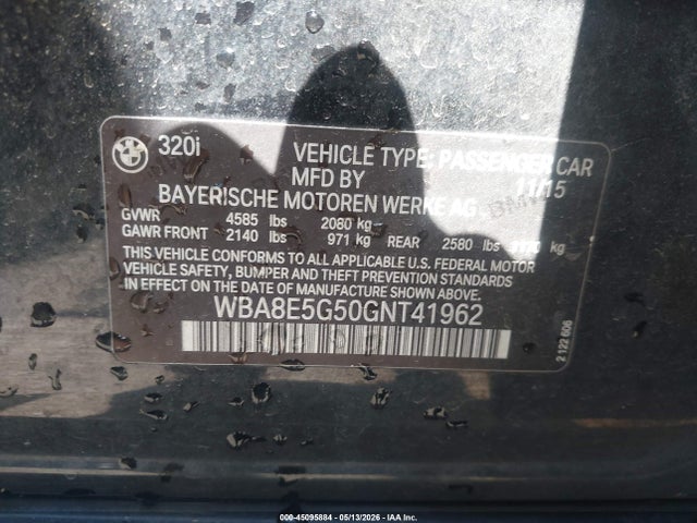 45095884 :رقم المزاد ، WBA8E5G50GNT41962 vin ، 2016 Bmw 320i Xdrive مزاد بيع