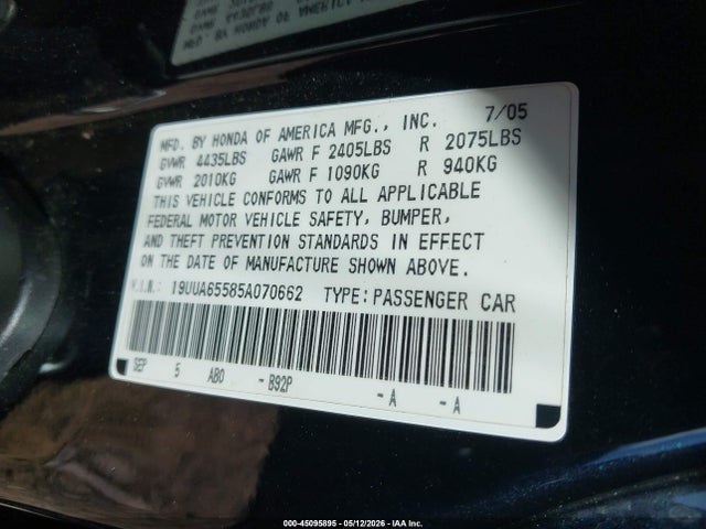 Продажа на аукционе авто 2005 Acura Tl, vin: 19UUA65585A070662, номер лота: 45095895